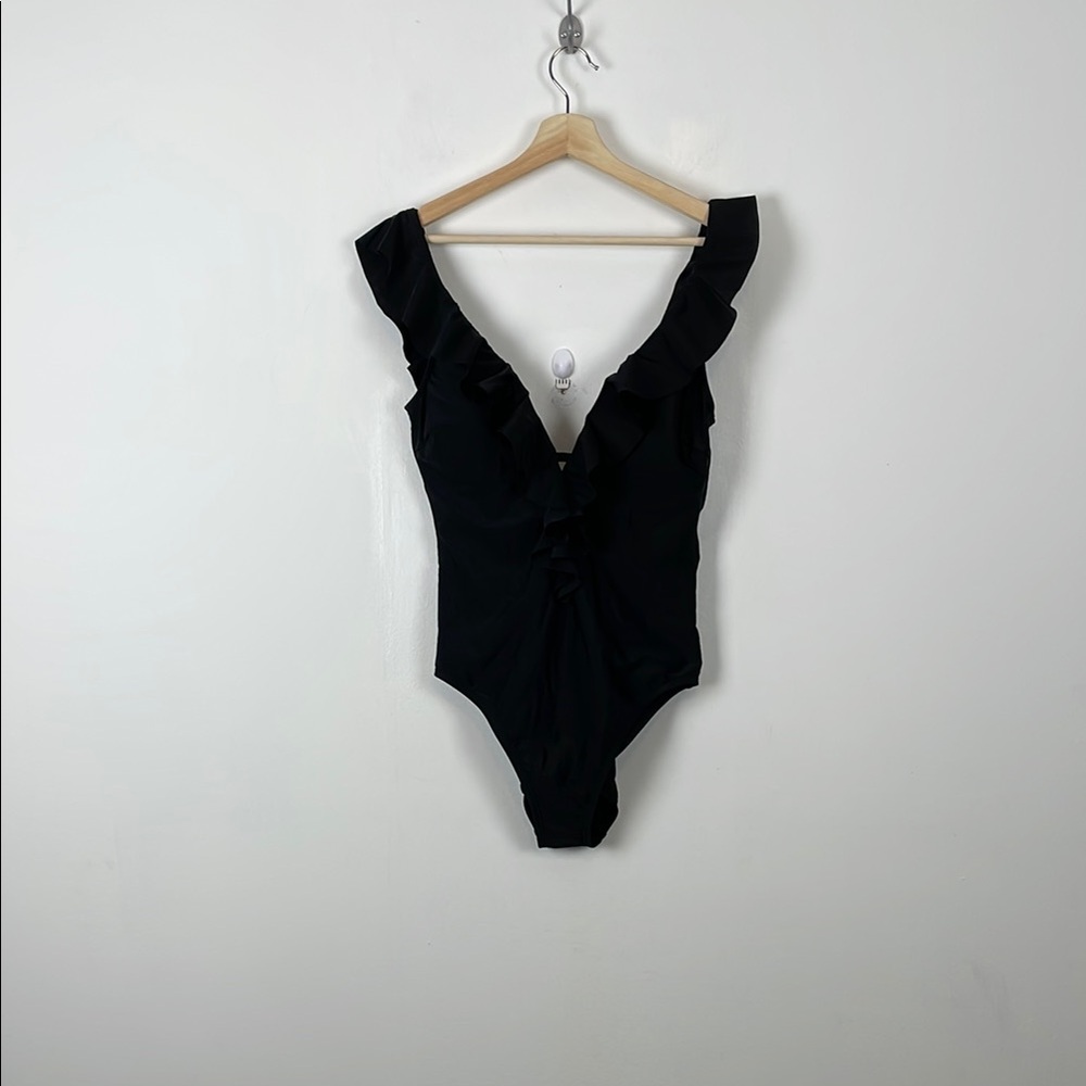 ABS By Allen Schwartz Women's 14 Black Ruffled Deep V Neck One-Piece Swimsuit